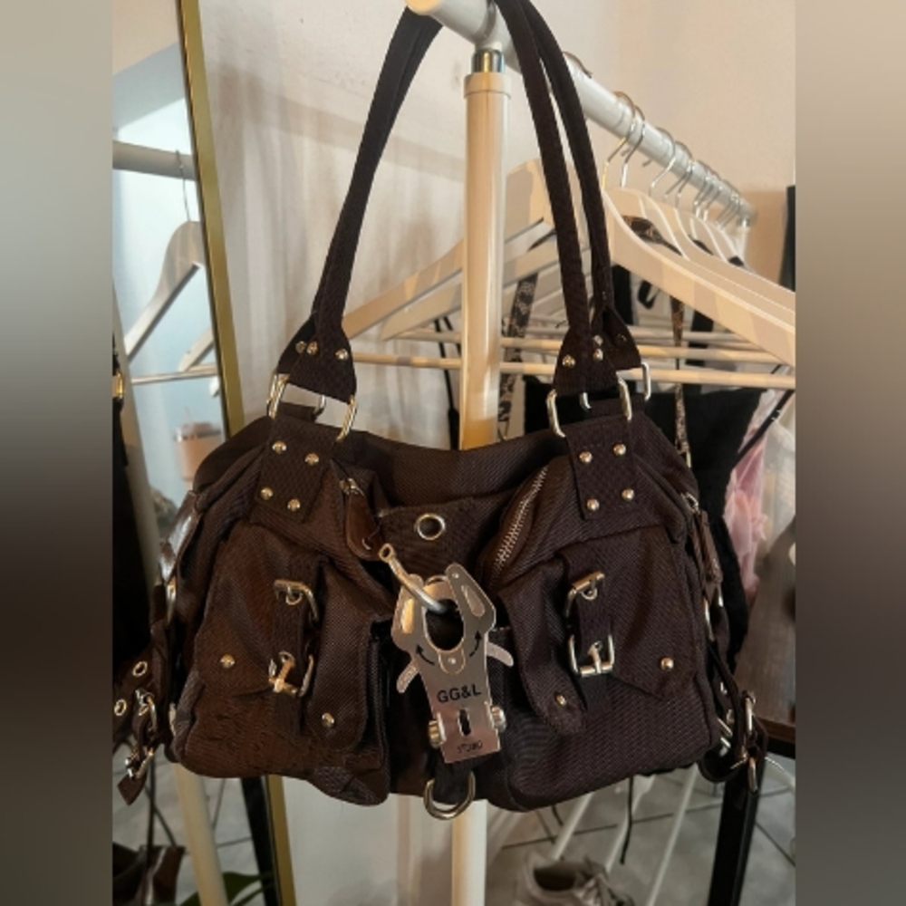 Brown Handbag with Striped Interior